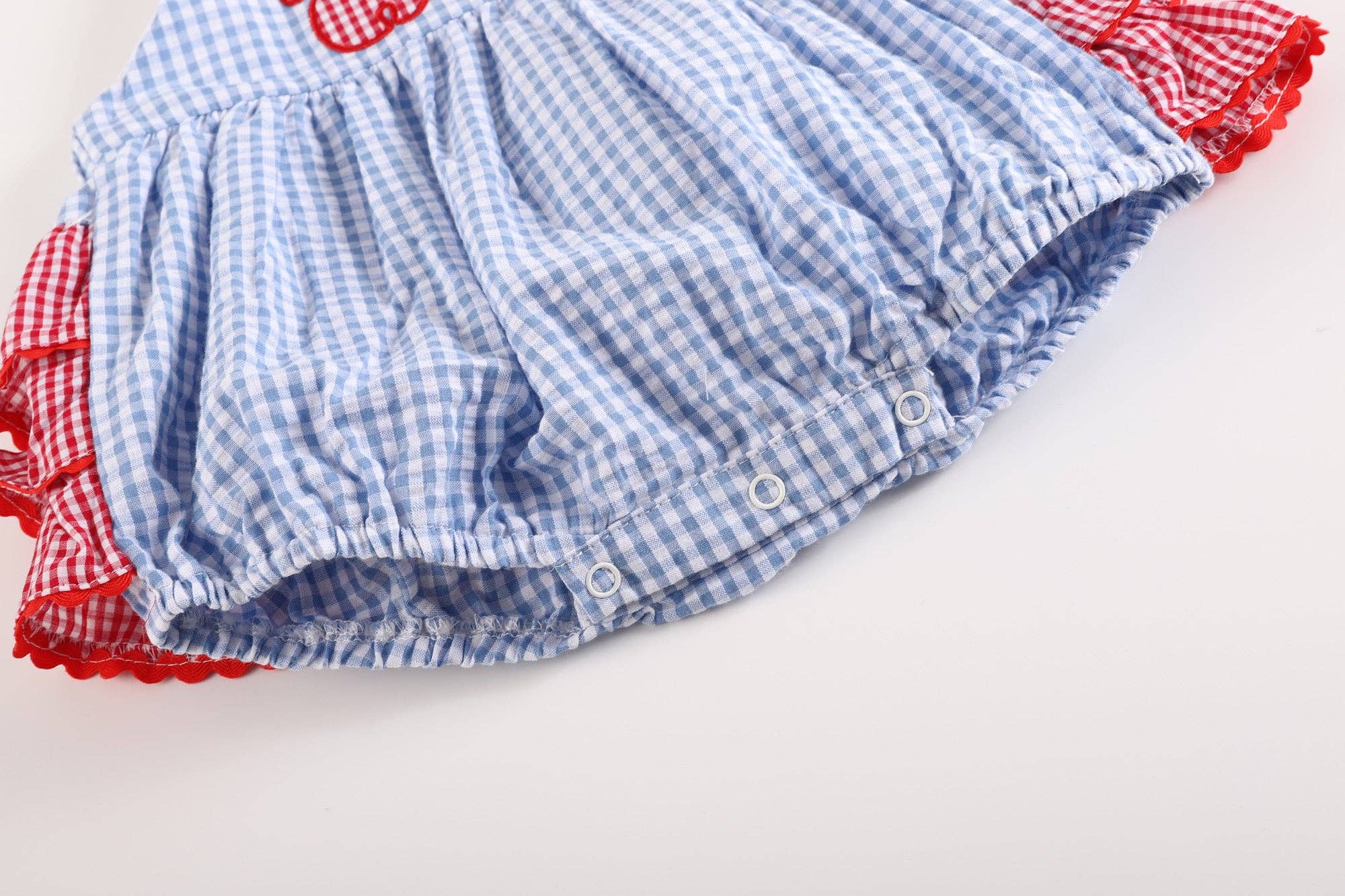Blue Gingham Crab Ruffle Romper: 12-18M