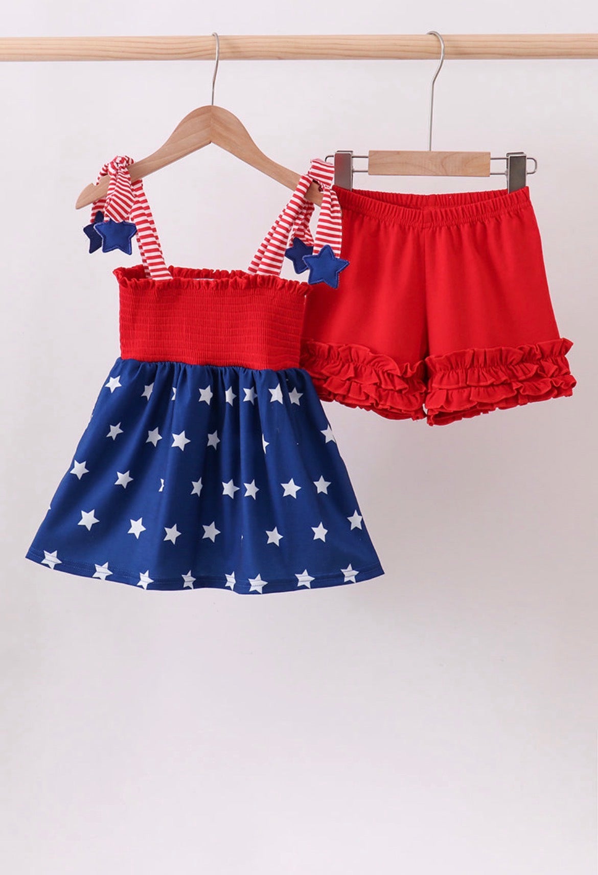12 months blue star smocked ruffle shorts set