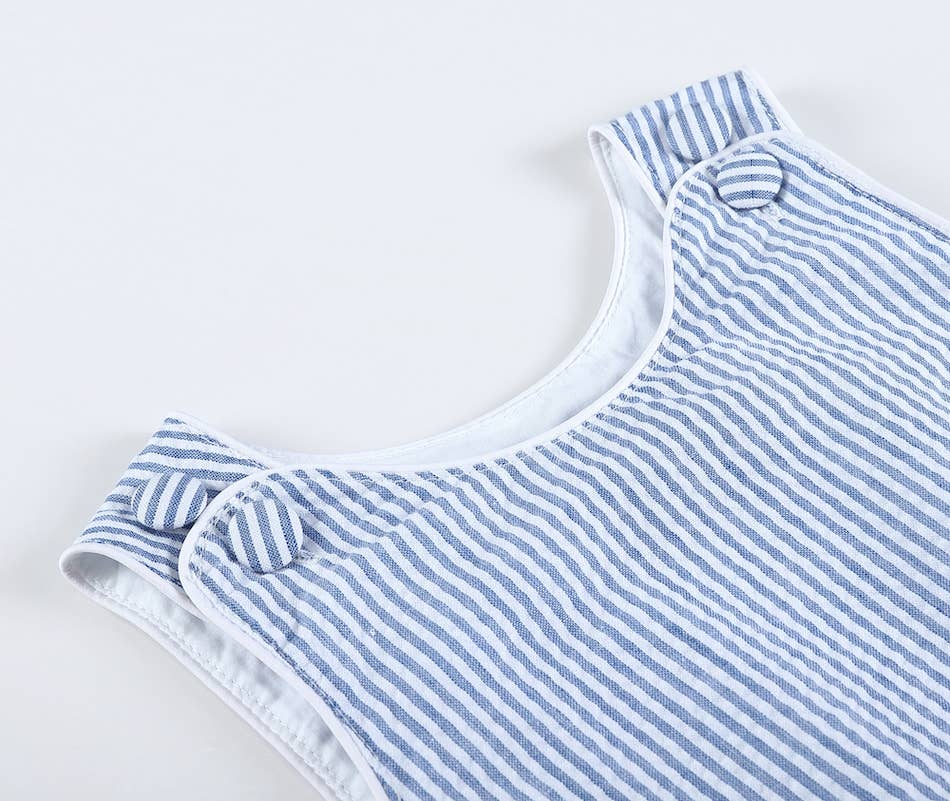 Classic Dark Blue Seersucker Baby Bubble Romper: 12-18M