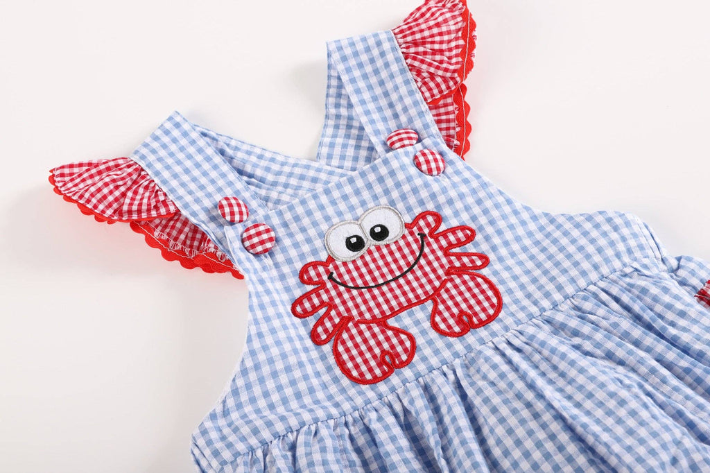 Blue Gingham Crab Ruffle Romper: 12-18M