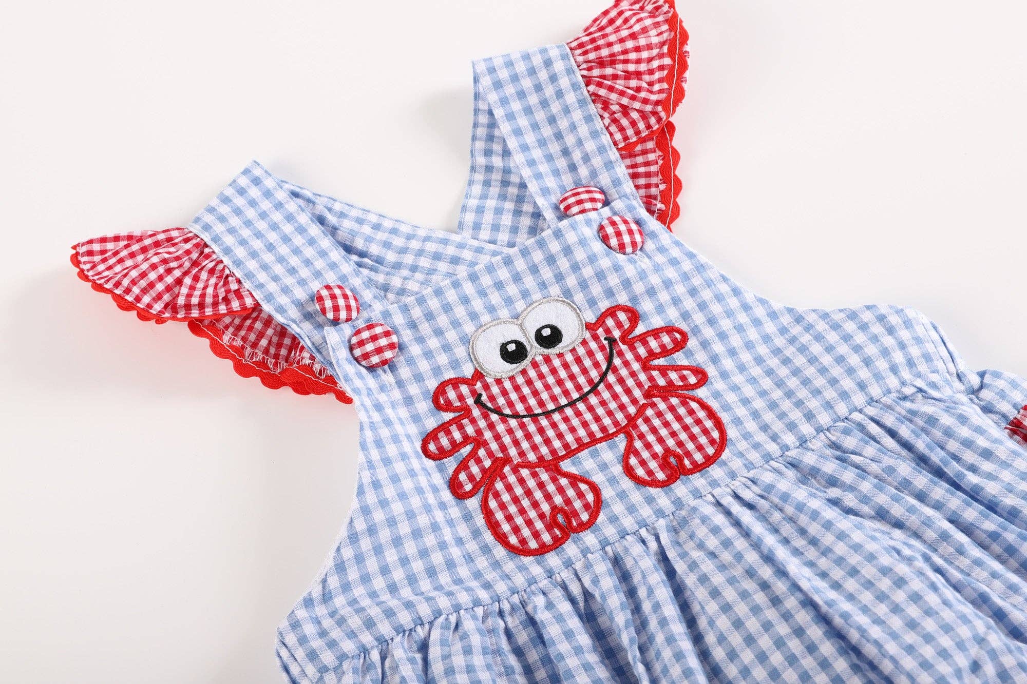 Blue Gingham Crab Ruffle Romper: 12-18M