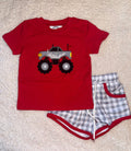 Red & Grey Plaid Monster Truck Short Set