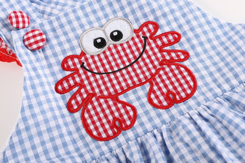 Blue Gingham Crab Ruffle Romper: 12-18M