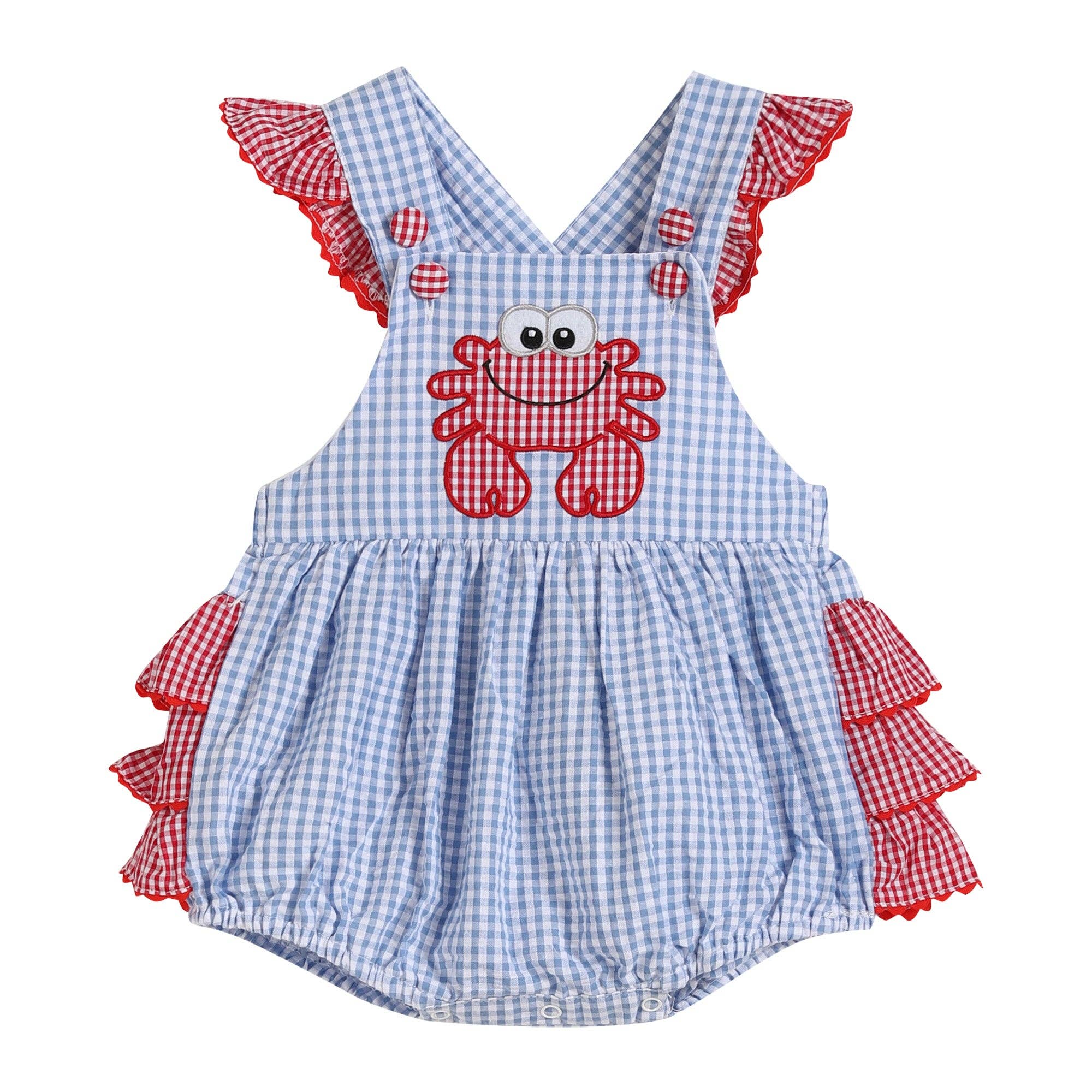 Blue Gingham Crab Ruffle Romper: 12-18M