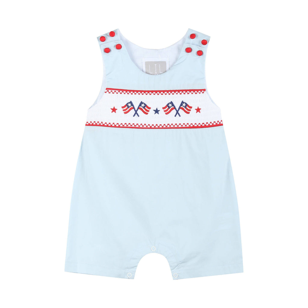 Light Blue USA Flag Smocked Shortalls: 3-6M