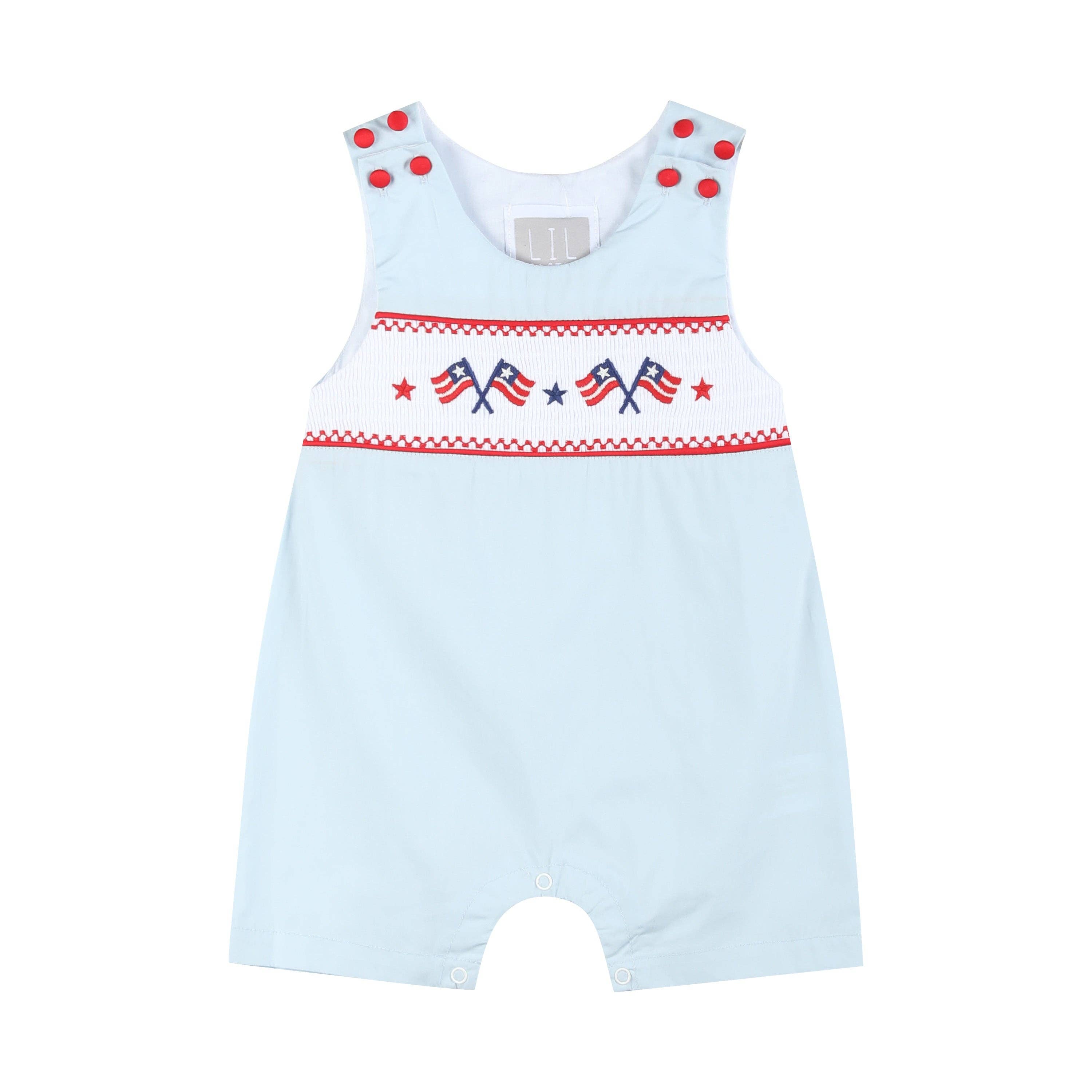 Light Blue USA Flag Smocked Shortalls: 3-6M