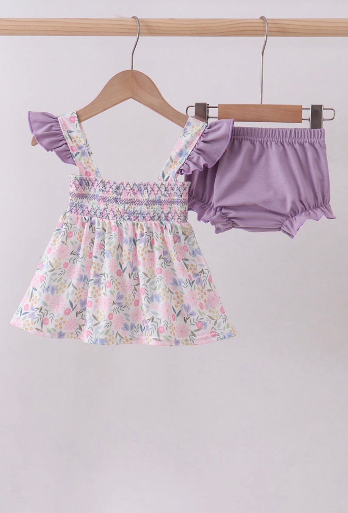 6 months purple floral smocked ruffle bloomer set