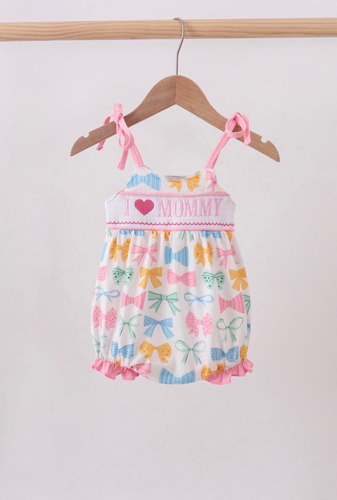 6 months Pink bow I love mommy smocked bubble