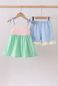 12 months color block ruffle shorts set