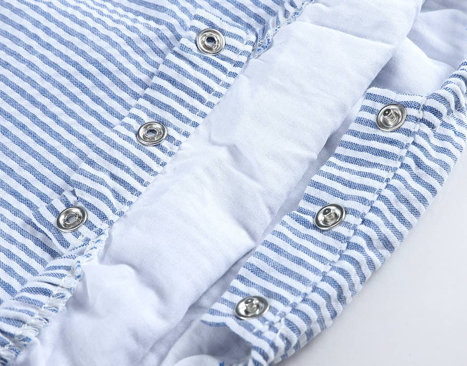 Classic Dark Blue Seersucker Baby Bubble Romper: 12-18M