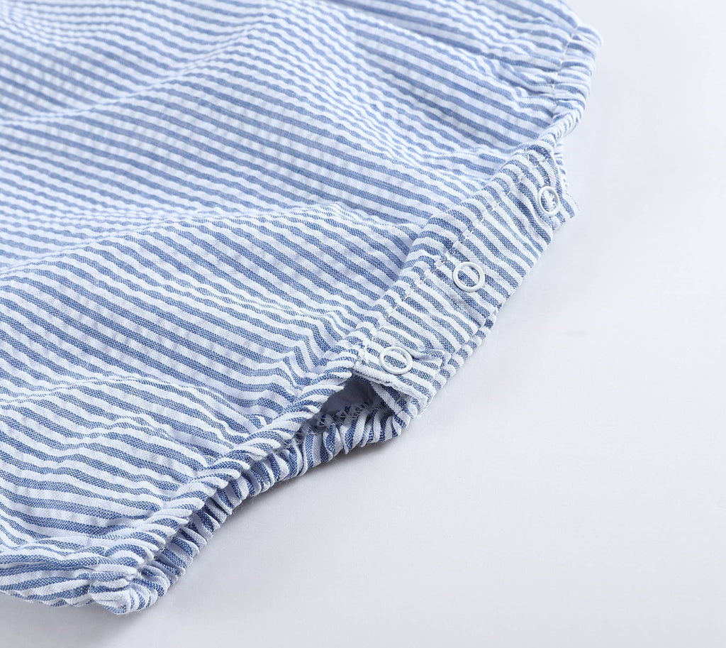 Classic Dark Blue Seersucker Baby Bubble Romper: 12-18M