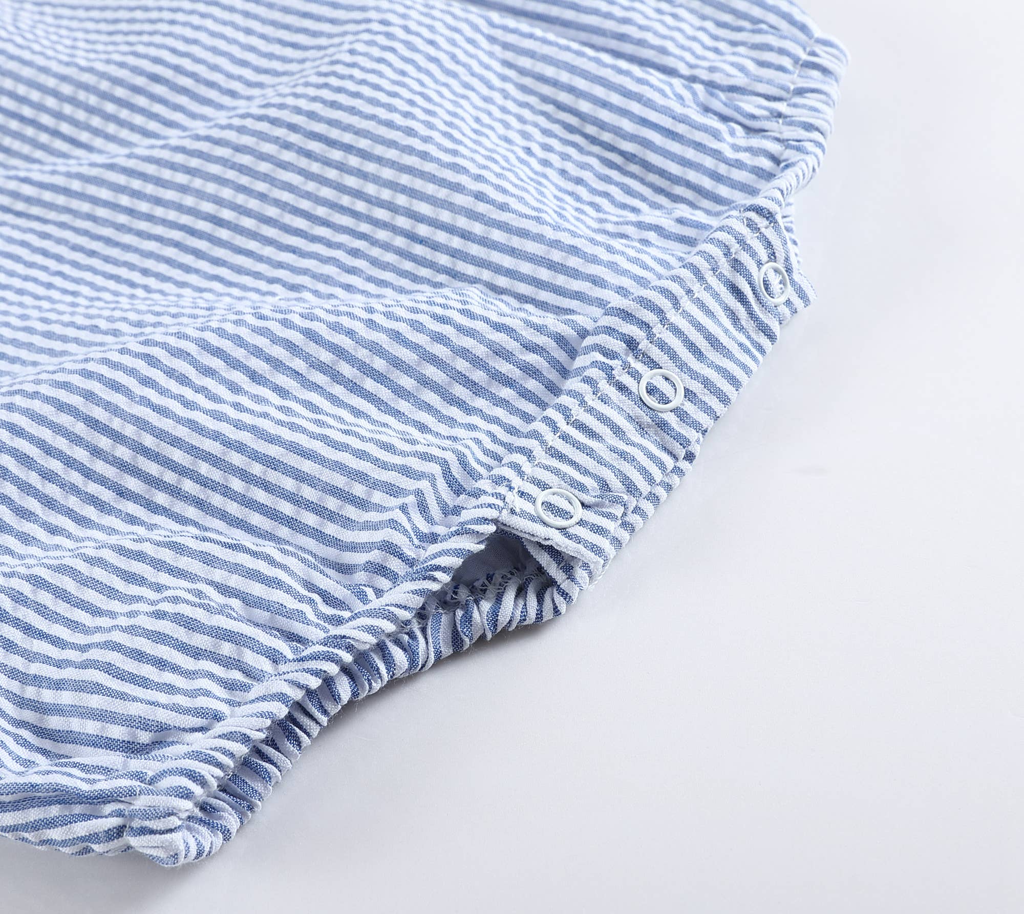 Classic Dark Blue Seersucker Baby Bubble Romper: 12-18M