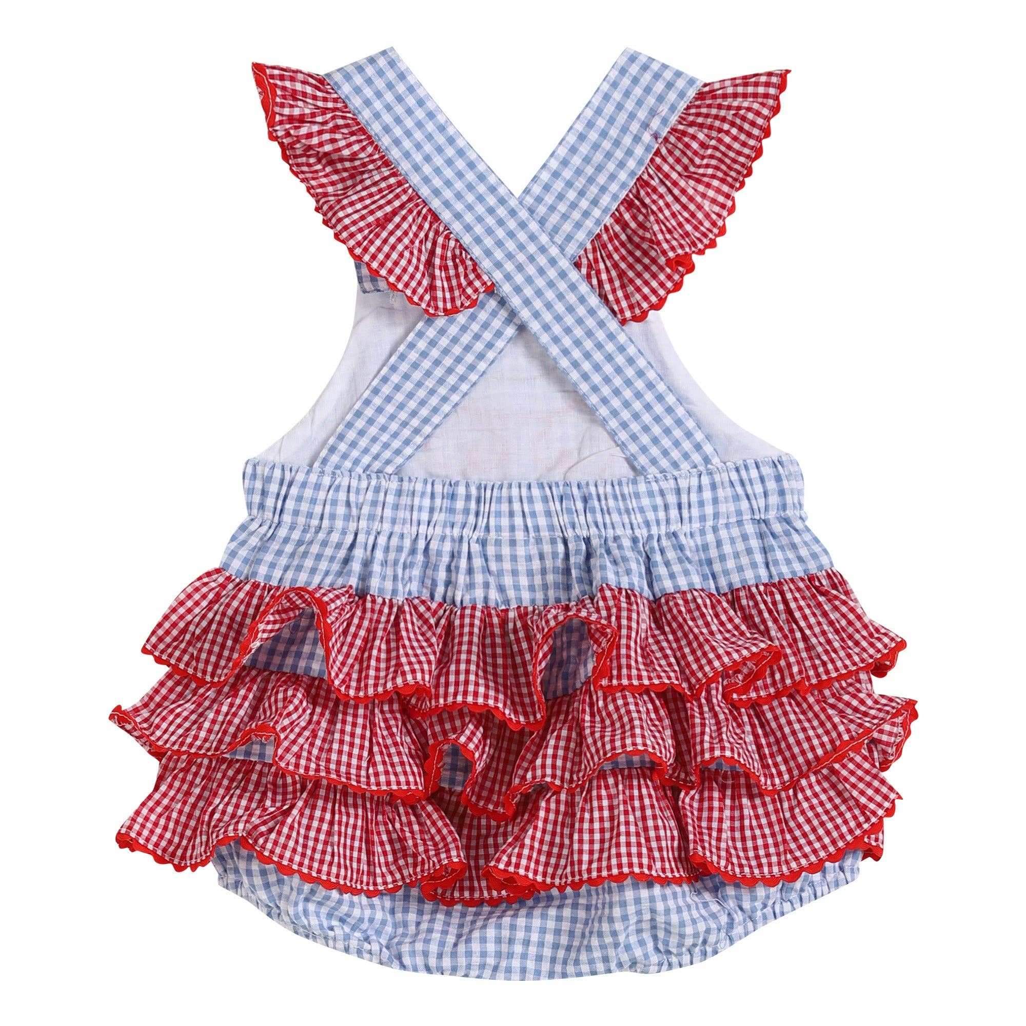 Blue Gingham Crab Ruffle Romper: 12-18M