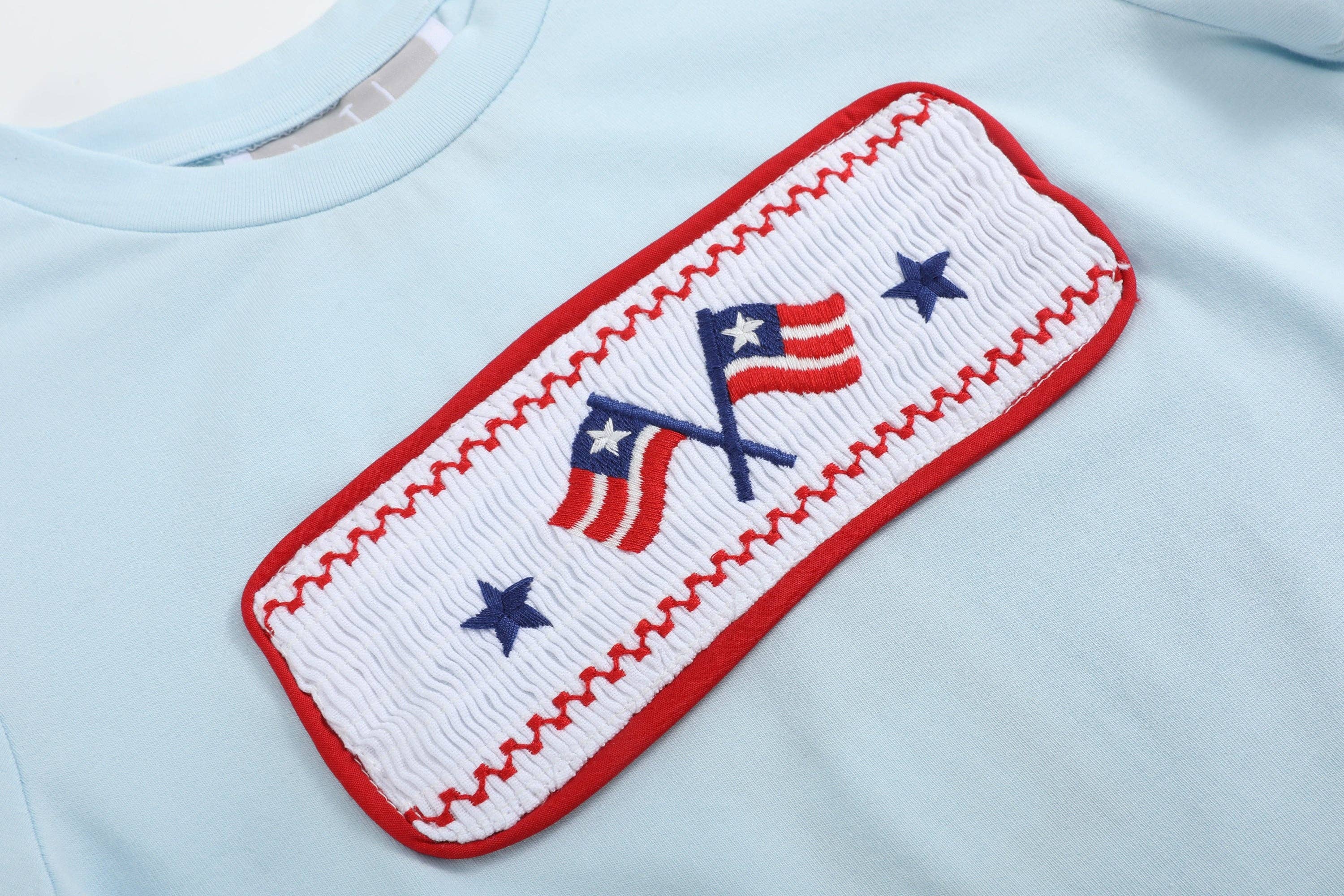 Light Blue USA Flag Smocked T-Shirt and Shorts Set: 5Y