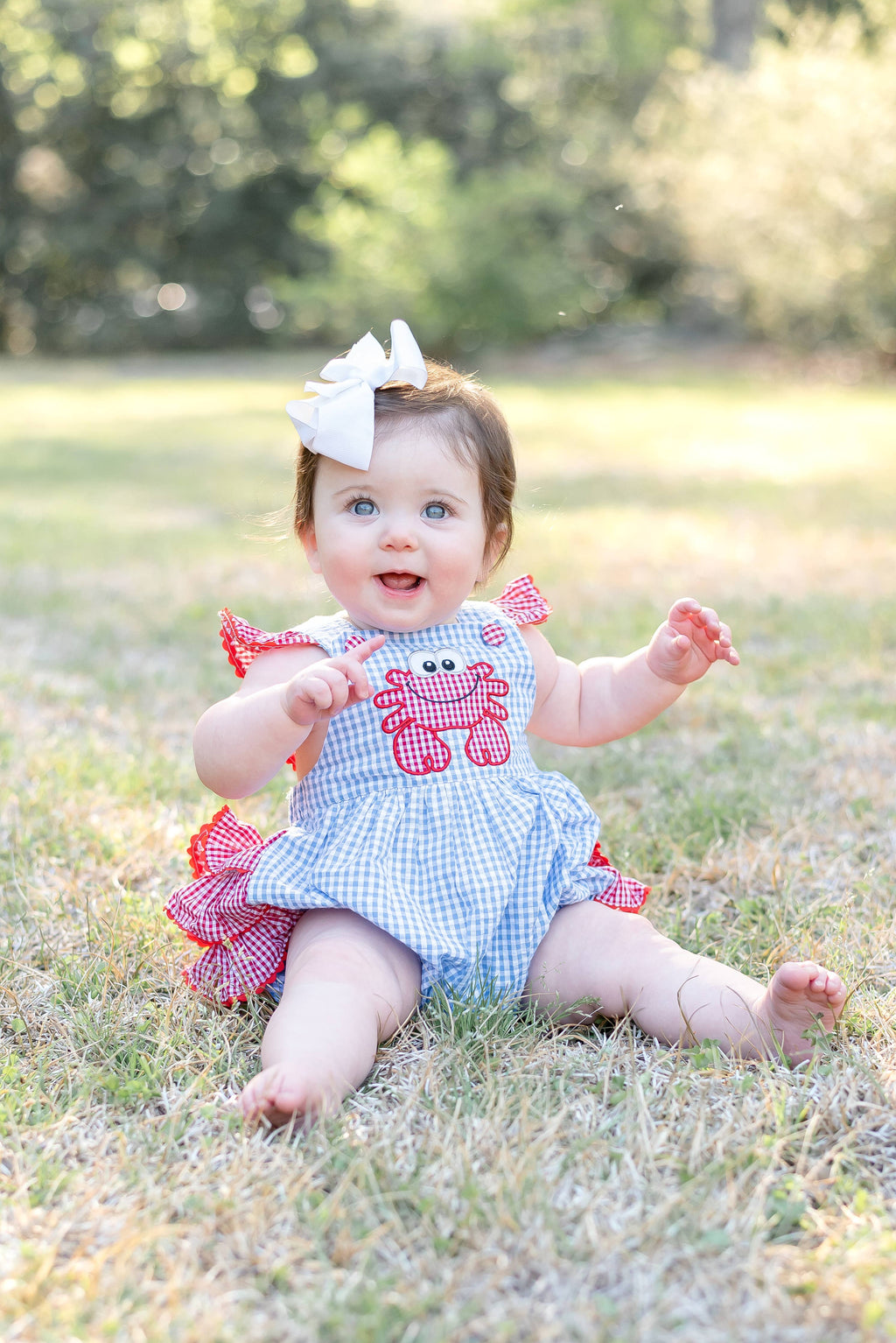 Blue Gingham Crab Ruffle Romper: 12-18M