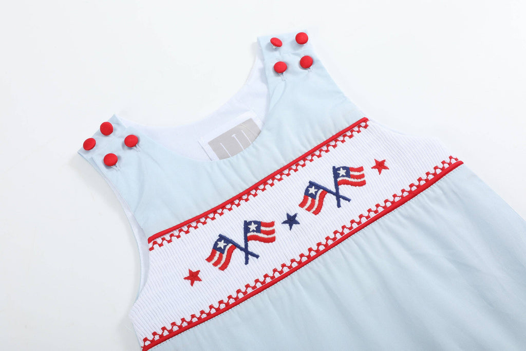 Light Blue USA Flag Smocked Shortalls: 3-6M
