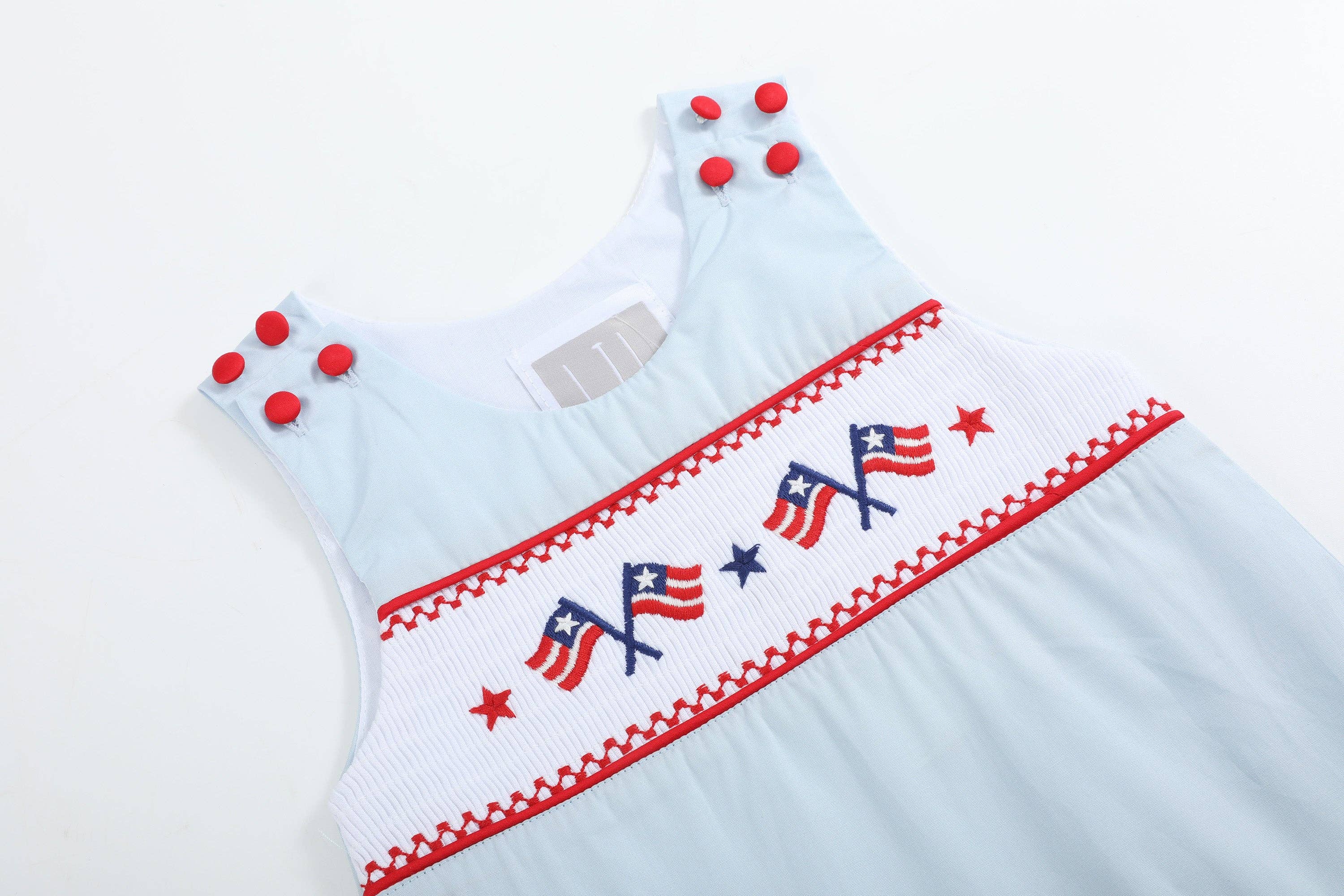 Light Blue USA Flag Smocked Shortalls: 3-6M