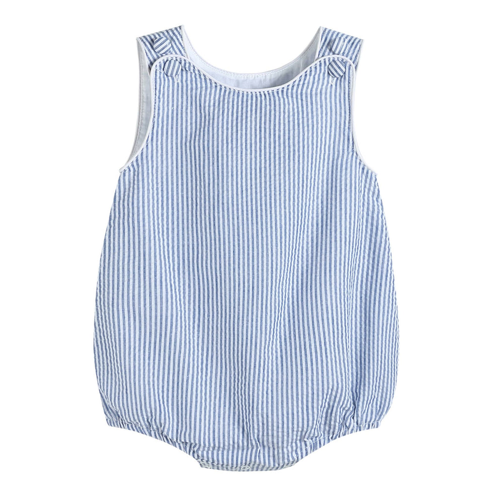 Classic Dark Blue Seersucker Baby Bubble Romper: 12-18M