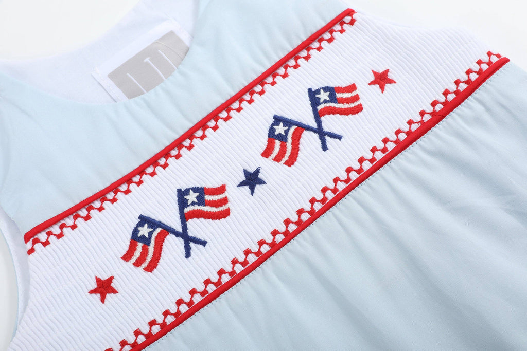 Light Blue USA Flag Smocked Shortalls: 3-6M