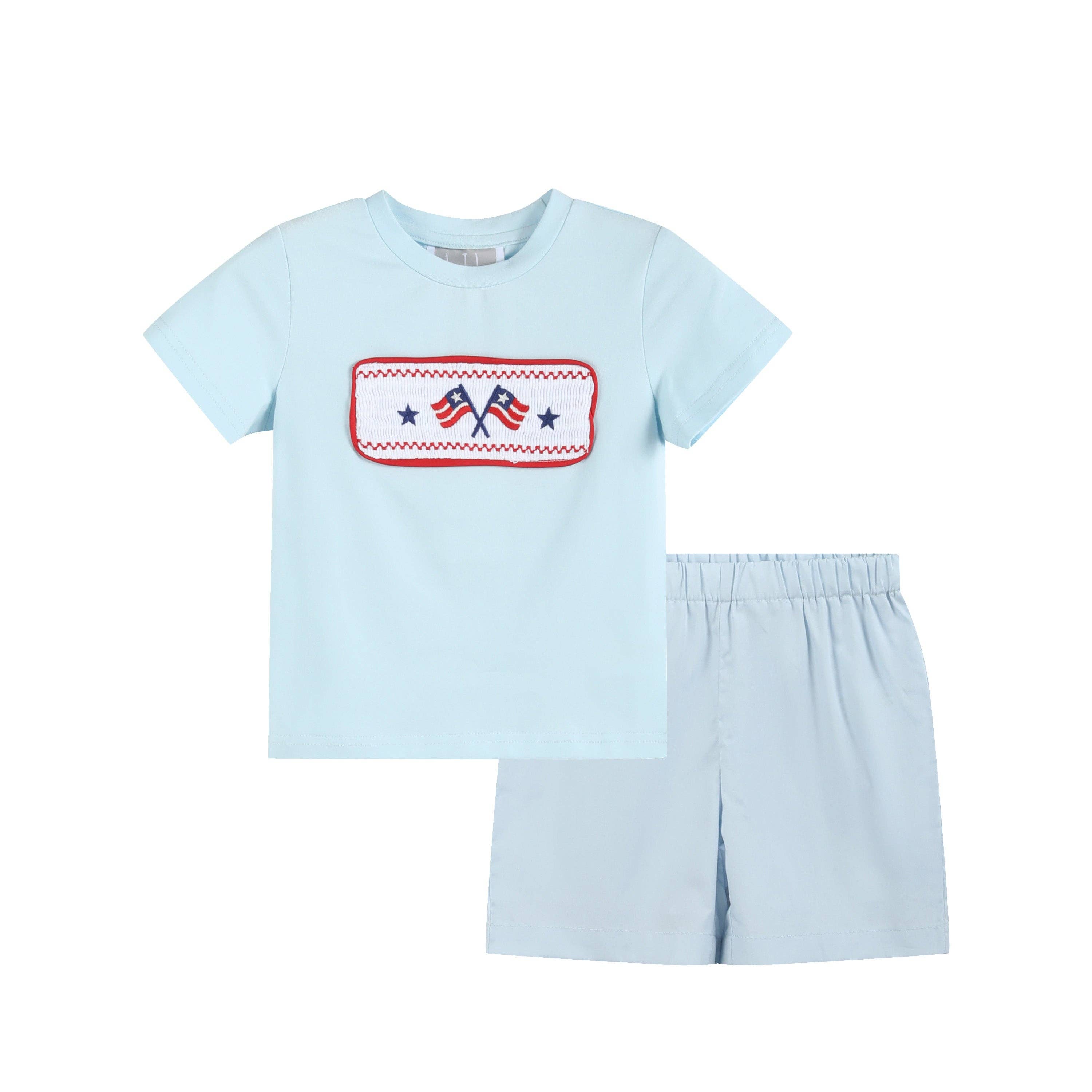 Light Blue USA Flag Smocked T-Shirt and Shorts Set: 5Y